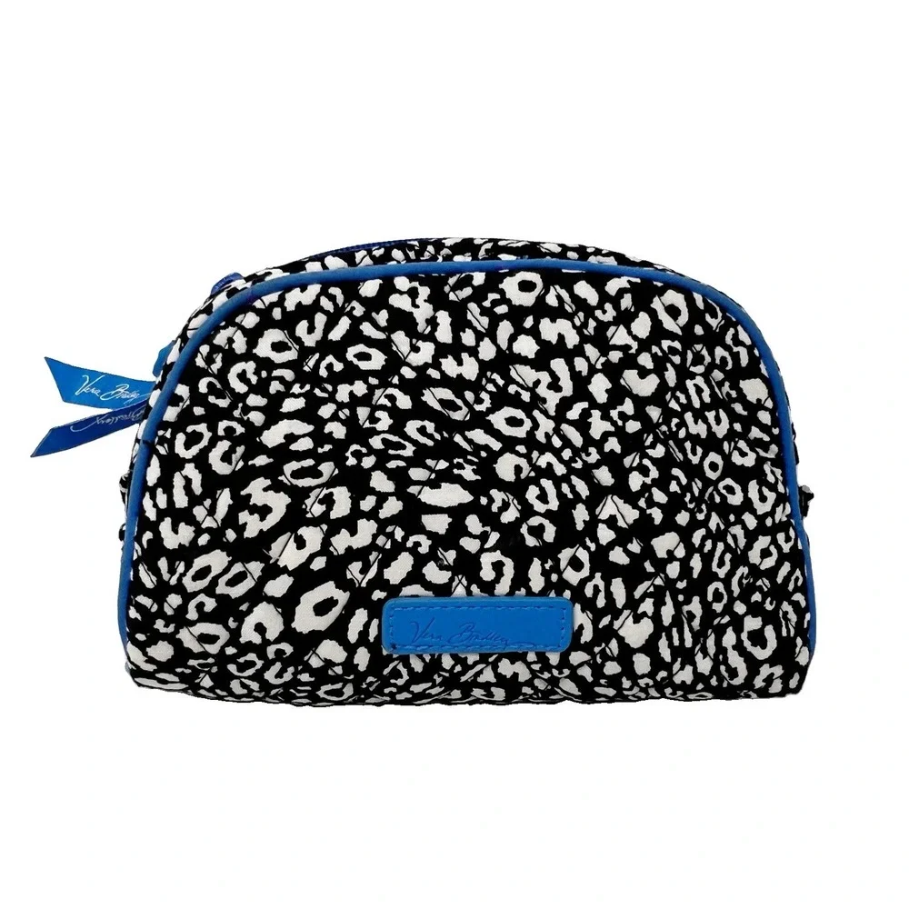 Vera Bradley Quilted Cosmetic Bag Black White Leopard Print Blue Trim Dome Pouch